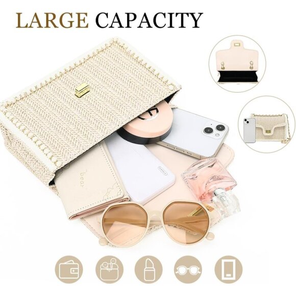 Straw Crossbody Bag Women Pearl Summer Beach Purse Elegant Boho Woven - Picture 4 of 7